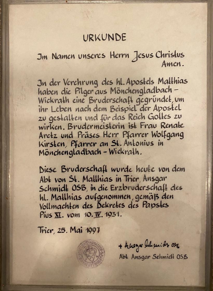 Urkunde über Aufnahme in die Erzbruderschaft (1997)